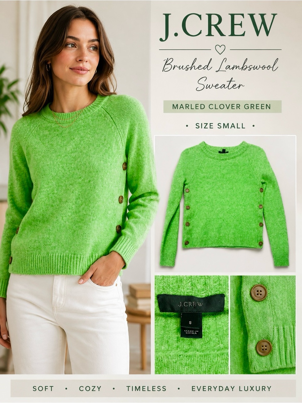 J. Crew brushed lambswool cropped crewneck green sweater w/ buttons size small